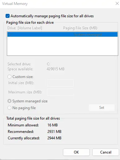 Automatically manage the size of the Windows paging file